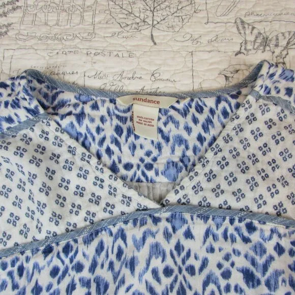 Sundance Catalog  Women's Blue white ikat multi print long sleeve cotton top S - Picture 7 of 10